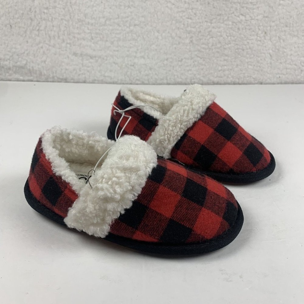 Nordstrom Rack Faux Shearling Slippers Kid's 11/12 Red Bloom Buffalo Plaid‎ 8009